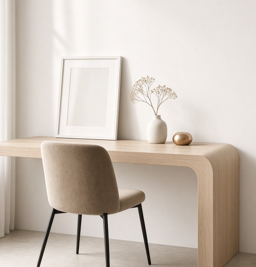 Estudio sereno con escritorio blanco y silla de diseño, ambiente de trabajo calmado